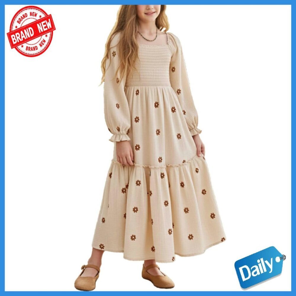 Girls Boho Maxi Dress Floral Embroidery Smocked Bodice 100% Cotton 5-14Y